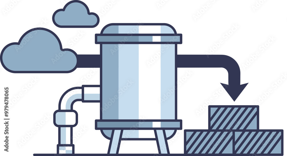 Poster diagram showing co2 clouds being processed through a metal reservoir with pipes, converting into bri