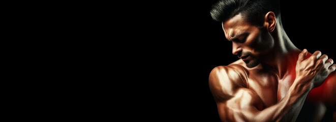 Extreme close-up of a young beautiful muscled man with a pain in his shoulder which he squeezes with his hand, isolated on black background with copy space. Generative Ai. 