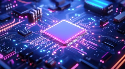 Close-up of a green electronic circuit board featuring a processor and various components, showcasing technology and engineering in a digital setting
