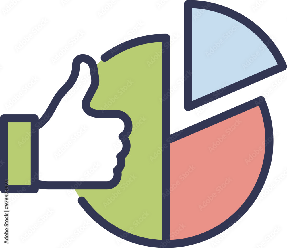 Poster pie chart with thumbs up icon, symbolizing positive data analytics or approval of statistics.