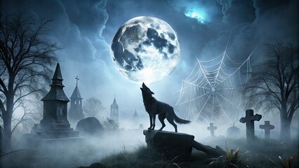 Ghostly silhouette of a howling dog in a spider web-covered graveyard scene under a full moonlit sky with subtle foggy mist and eerie shadows.