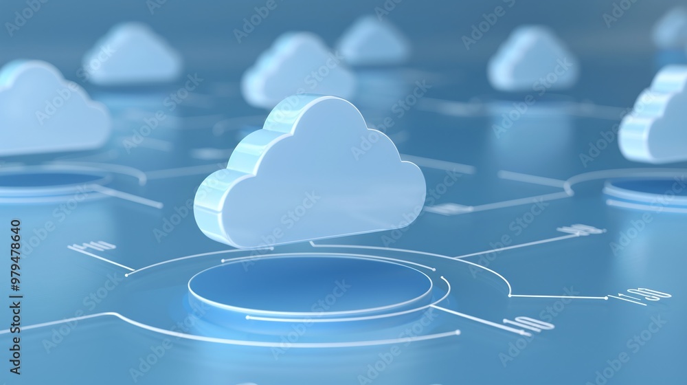 Poster a modern digital representation of cloud technology, showcasing interconnected clouds on a blue back