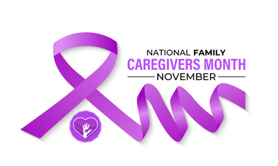Family Caregivers month is observed every year in November. Calligraphy Poster Design. The Plum Ribbon raises awareness for cancer caregivers. Banner poster and background design template. Vector.