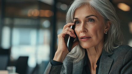 An older businesswoman with silver hair is engaged in phone conversation, showcasing focused and professional demeanor in modern office setting - Powered by Adobe