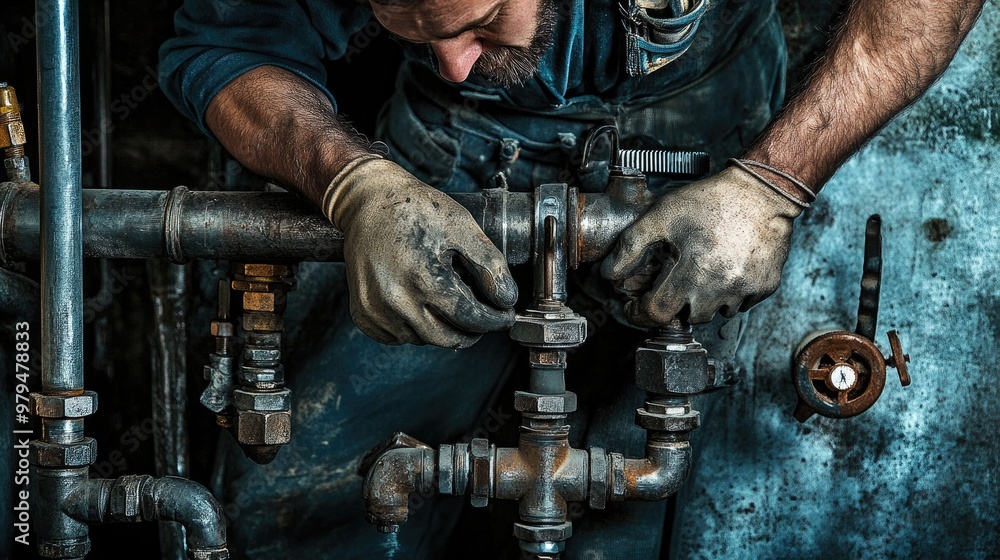 Poster a plumber expertly installing metal pipes and faucets, using tools to ensure everything is tight and