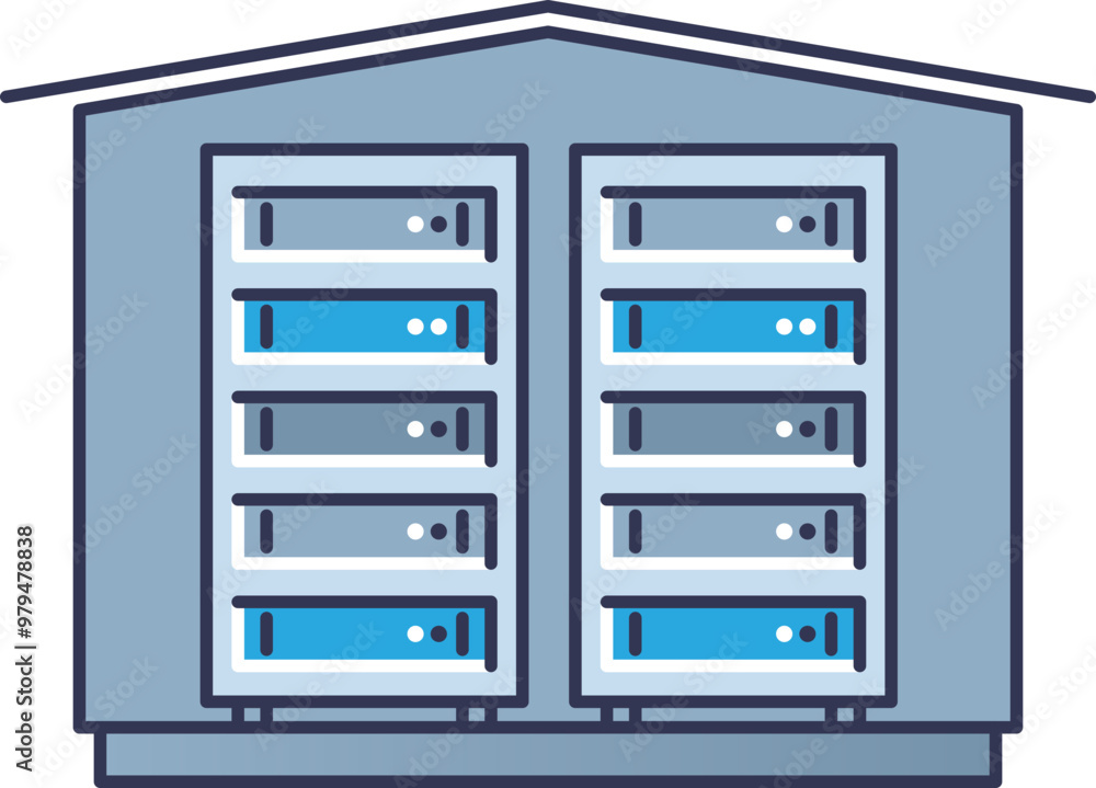 Aufkleber illustration of a data warehouse with server racks, symbolizing data storage and management.
