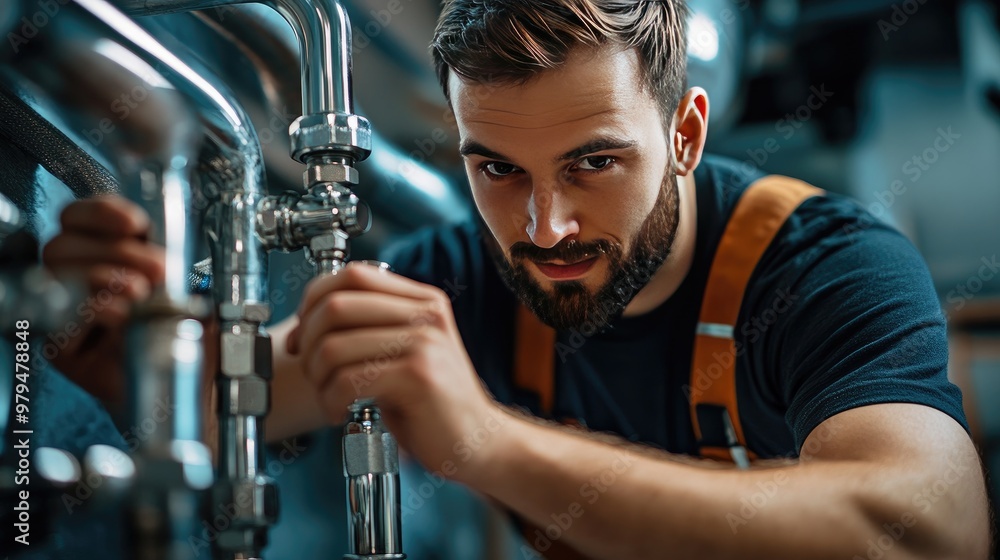 Poster a plumber fixing and installing metal faucets and pipes, demonstrating expertise and attention to de