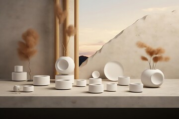 A minimalist display of white pottery with decorative plants against a serene backdrop.