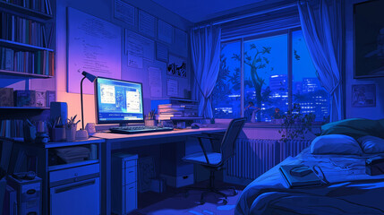 Cozy room lit by city lights at night showing urban lifestyle