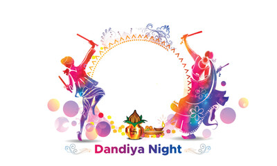 Circular template with Indian gujarati dandiya dance and kalash puja.