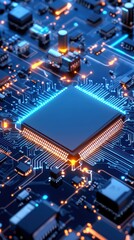 Close-up view of a computer circuit board showcasing intricate details of a chip and electronic components