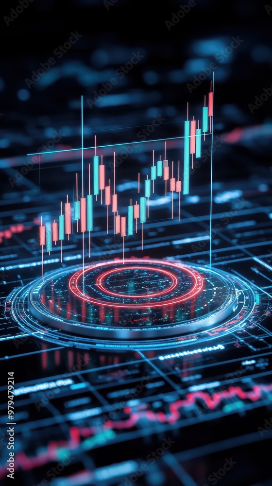 Poster a digital radar chart showcasing a market graph with circular design elements, highlighting technolo