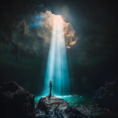 A person meditates in a cave with sunlight streaming through an opening above, creating a serene atmosphere. Concept of tranquility and spirituality