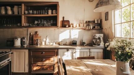 Rustic Kitchen with Warm Sunlight