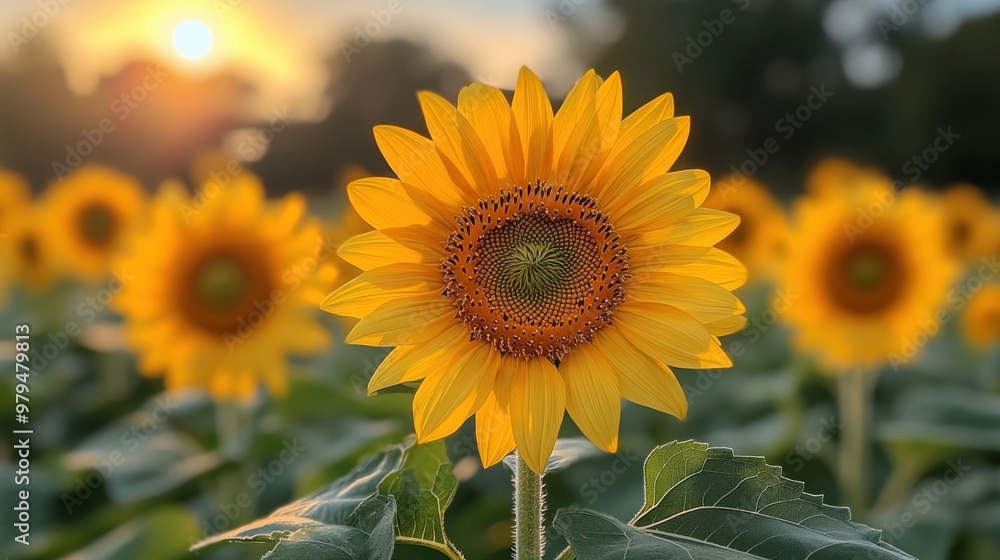 Sticker sunflowers blooming at sunset