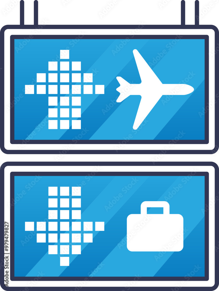 Poster digital information boards displaying flight and baggage icons, representing airport navigation and 