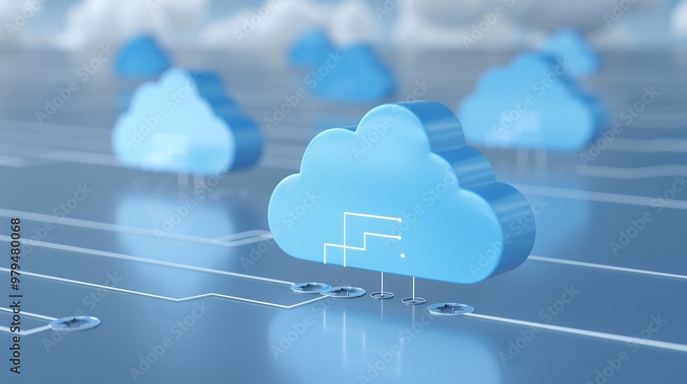 Poster a serene digital landscape featuring blue cloud shapes representing cloud computing technology and d