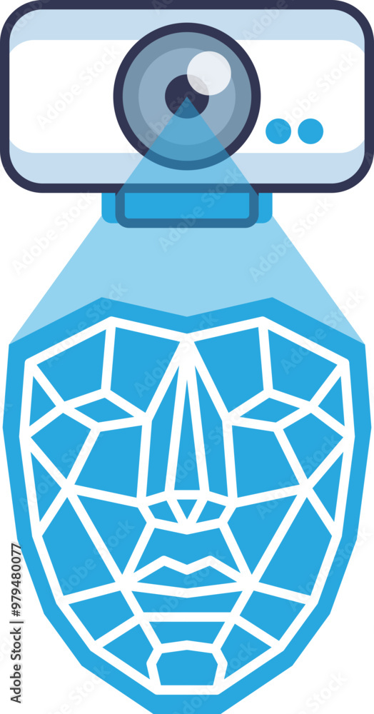 Poster a side view of a facial recognition camera scanning a geometric face pattern, symbolizing biometric 