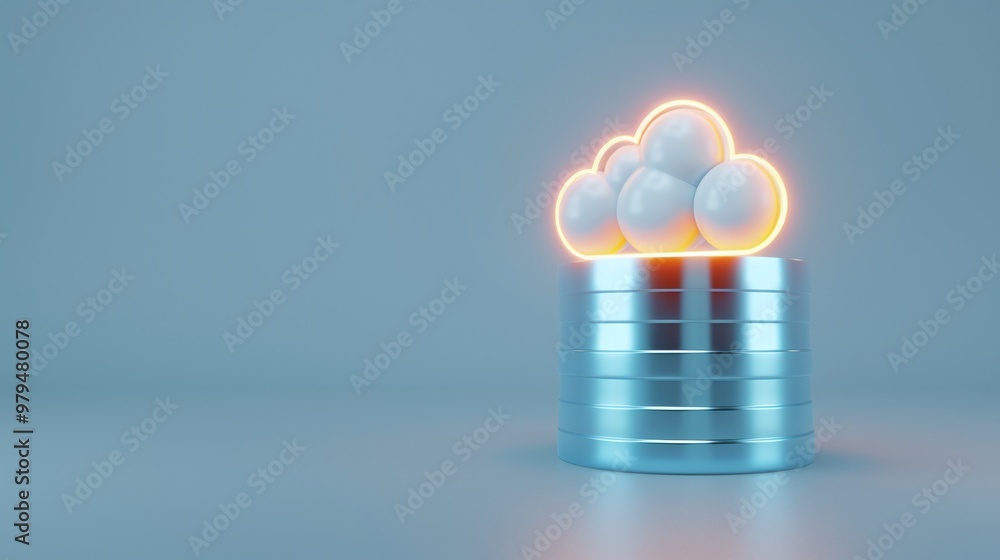 Poster a sleek 3d representation of cloud storage with glowing spheres atop a metallic cylinder, symbolizin