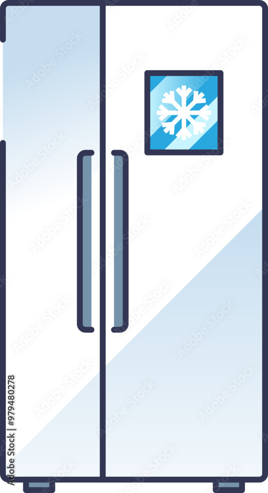 Poster illustration of a refrigerator with a snowflake icon on the screen, symbolizing cooling or freezing 