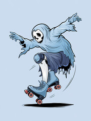 A ghost wearing roller skates and trying to keep balance, illustration