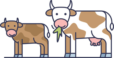 Obraz premium Illustration of two cows, one eating grass, symbolizing free-range farming and natural livestock care.