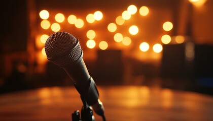 Microphone on conference table with warm stage lights creating an inviting speaker atmosphere
