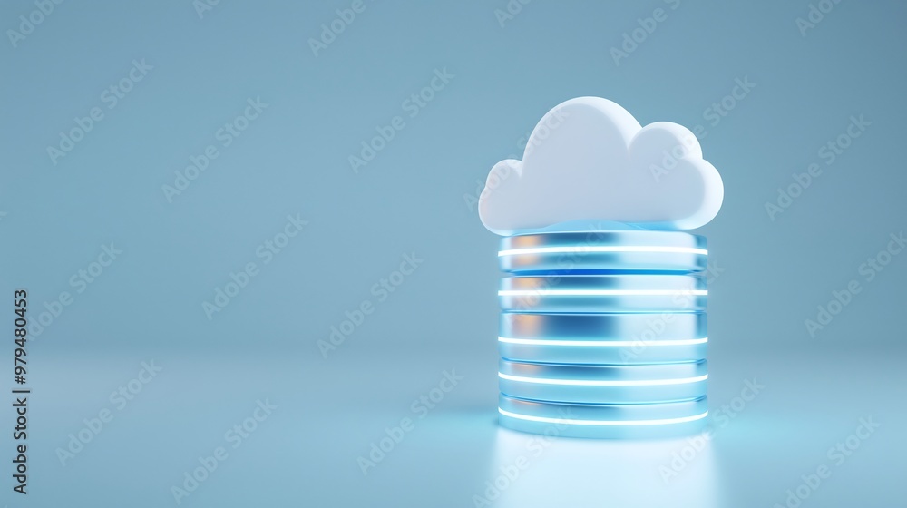 Poster a stylized cloud over a data stack, symbolizing cloud computing and digital storage technology for m