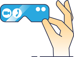 Hand holding AR glasses in front view, showcasing video call and phone call icons, symbolizing augmented reality communication.