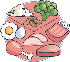 Illustration of a high-protein plate featuring eggs, chicken, beef, lamb, broccoli, beans, and cottage cheese.