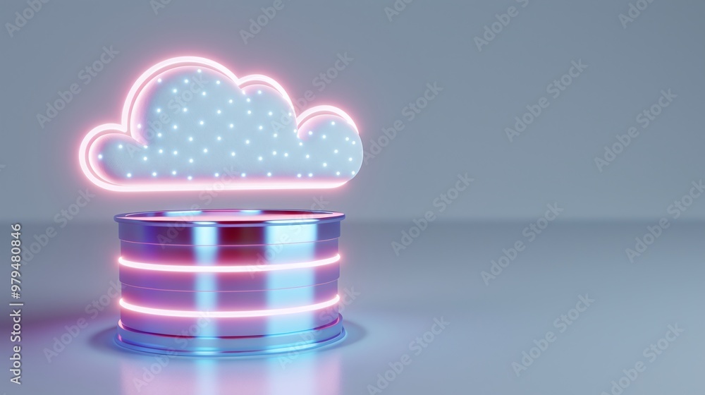 Poster a vibrant 3d illustration of a cloud above a futuristic data cylinder, symbolizing cloud computing a