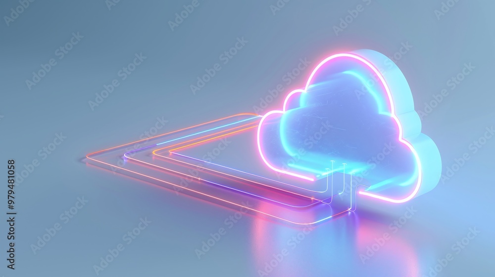 Poster a vibrant, glowing cloud symbol representing digital data transfer and technology. ideal for illustr