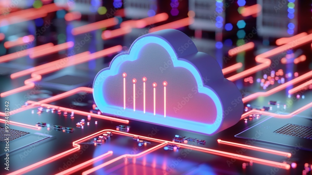 Poster a vibrant cloud computing icon stands out against a technological backdrop, symbolizing data storage