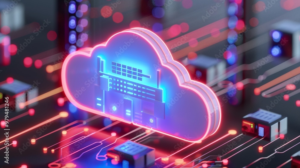 Poster a vibrant cloud computing illustration featuring glowing elements and digital connections, symbolizi