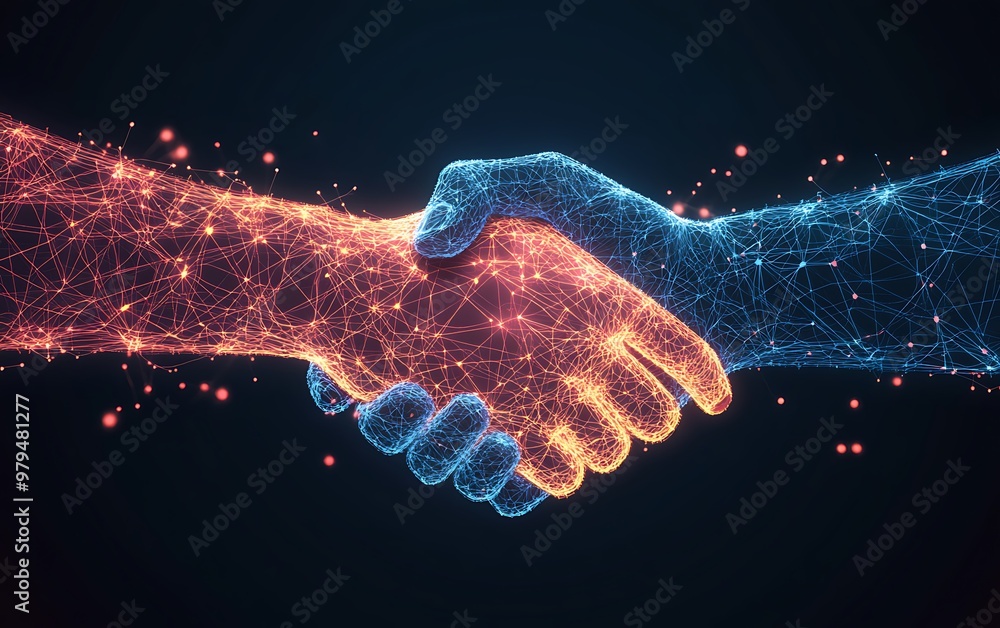 Poster digital transactions symbolized by handshake with connecting lines