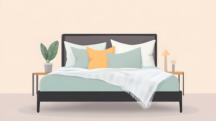 Modern Bedroom Interior Design with Bed  Pillows  and Nightstand