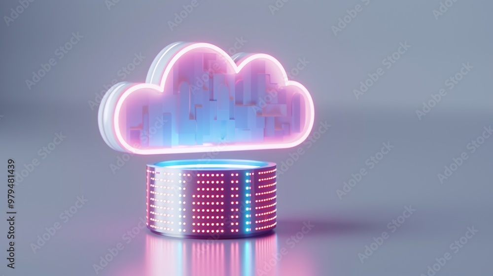 Poster a vibrant cloud icon with neon colors, symbolizing cloud computing and data storage technology in a 