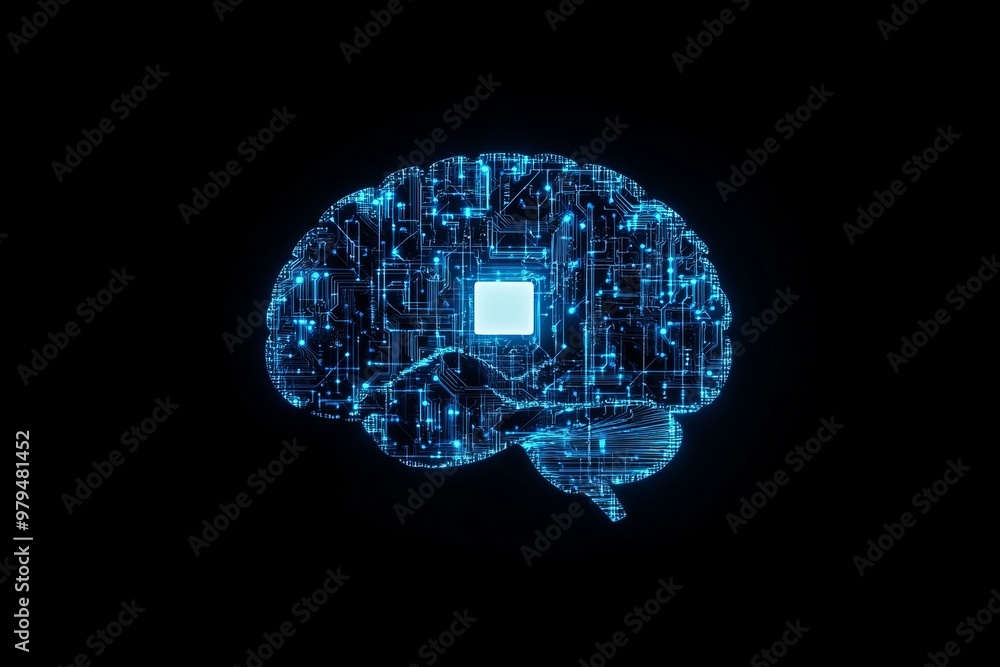 Poster futuristic digital brain in circuitry with subtle glow, symbolizing ai innovation and sophistication