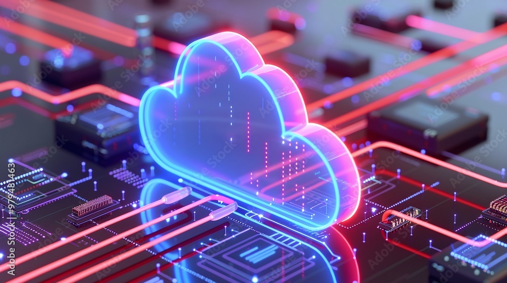 Poster a vibrant cloud icon with neon colors, symbolizing digital technology and data transfer in a high-te