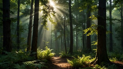 Fototapeta premium A calm forest with sunlight filtering through the leaves