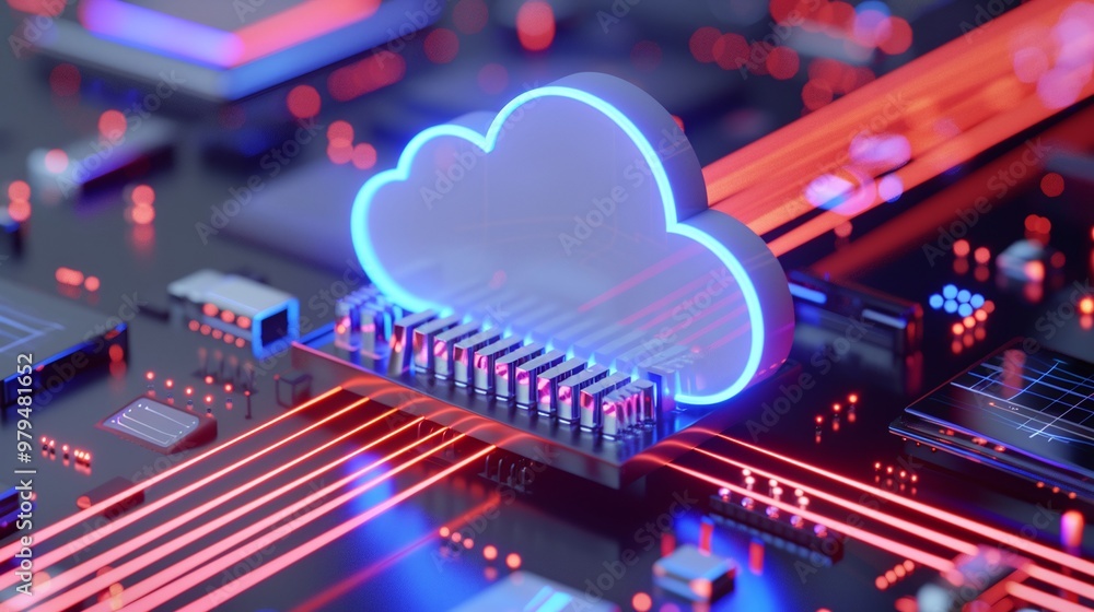 Poster a vibrant cloud symbol on a circuit board, representing digital connectivity and cloud computing tec