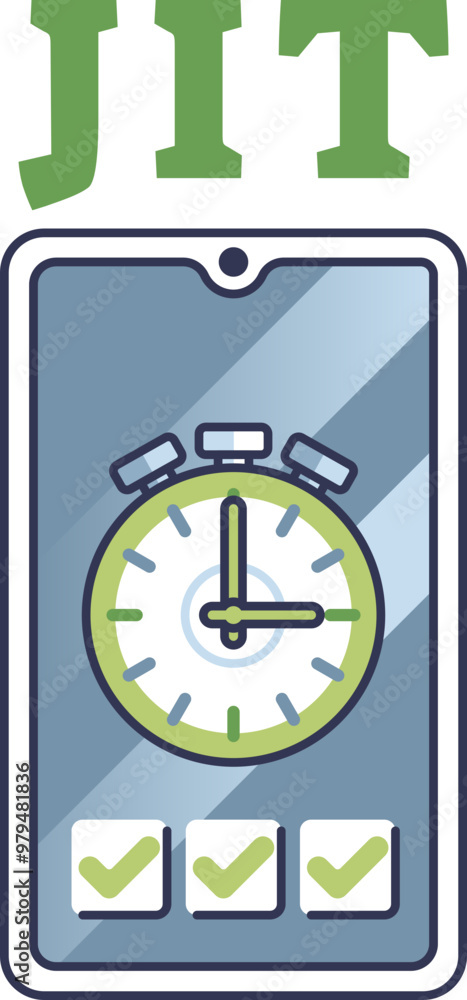 Poster illustration of jit concept with a smartphone displaying a stopwatch and checkmarks, symbolizing eff