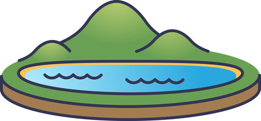 Simplified lake illustration with plant and ripples, symbolizing tranquility and nature.