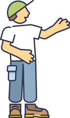 Cartoon figure in boots and cap pointing with hand, symbolizing direction or instruction.