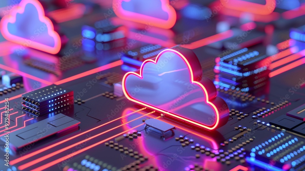 Poster a vibrant digital cloud glowing on a circuit board, symbolizing advanced technology and cloud comput