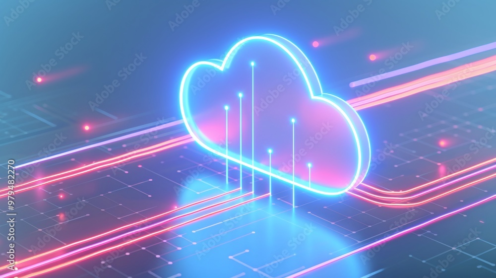 Poster a vibrant digital cloud icon illuminated with neon lights, representing cloud computing and data tra