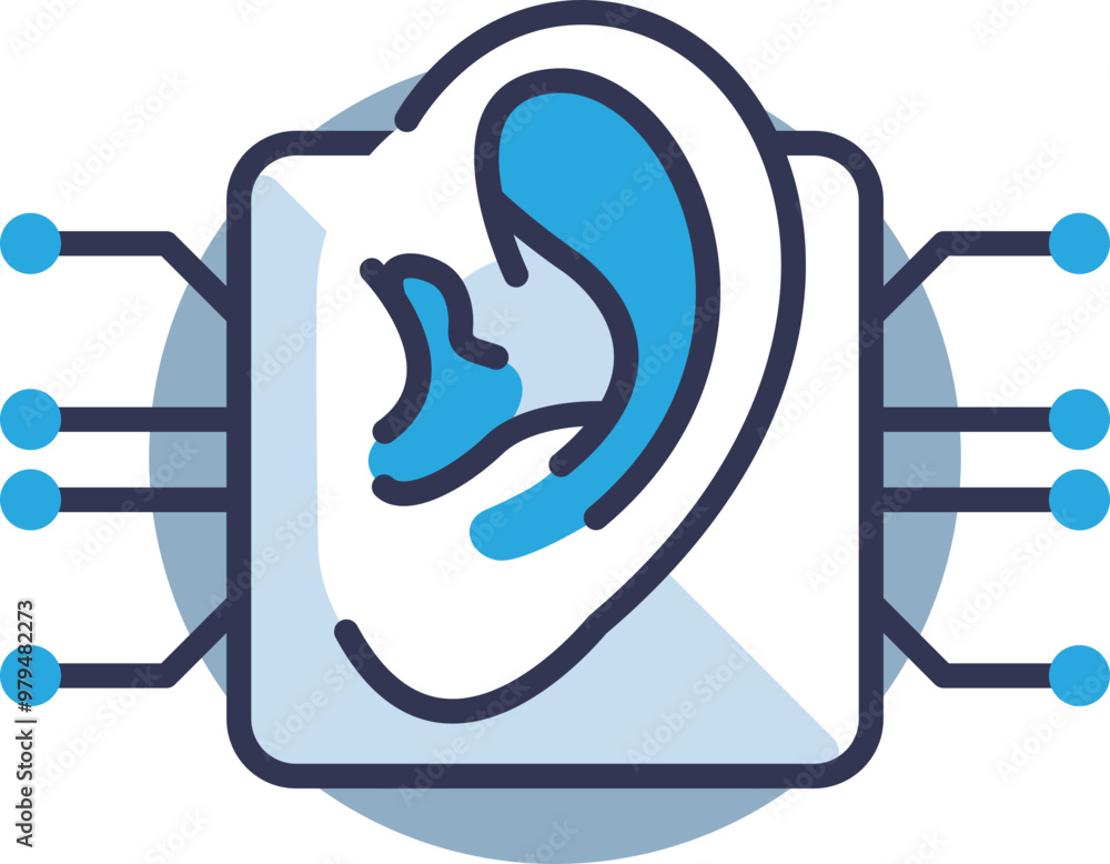 Poster illustration of an ear integrated with a circuit board, symbolizing a noise sensor or audio technolo