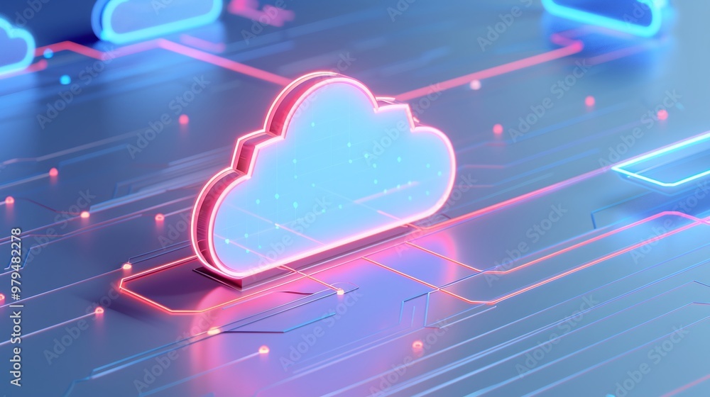 Poster a vibrant digital cloud icon surrounded by glowing circuitry, representing modern technology and clo