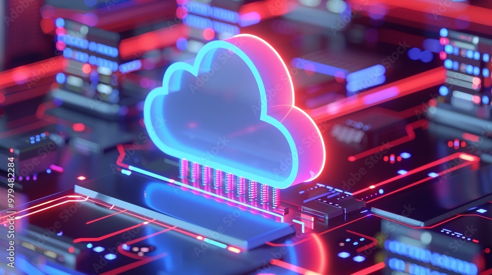 Poster a vibrant digital cloud icon on a futuristic circuit board, representing cloud computing technology 