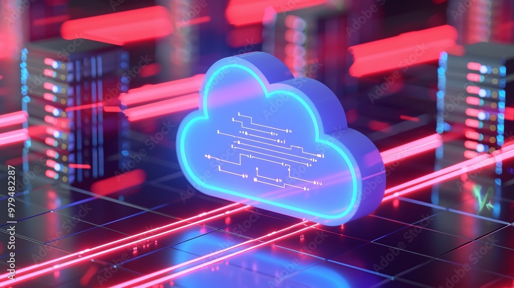 Poster a vibrant digital cloud icon set against a futuristic server backdrop, symbolizing technology and da